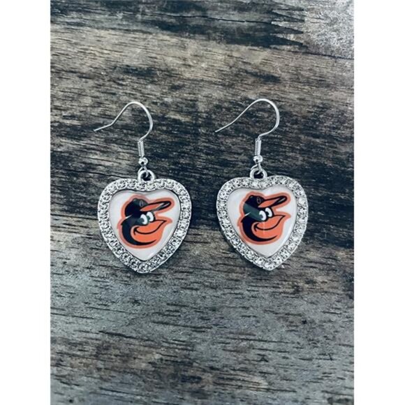 NEW WOMENS BALTIMORE BASEBALL SILVER CRYSTAL HEART EARRINGS DANGLE DROP EARRINGS - Picture 3 of 3